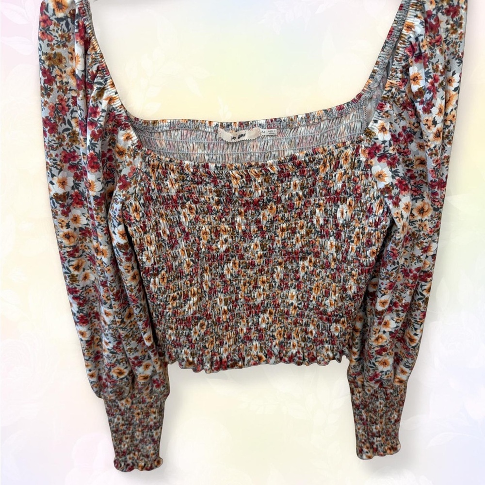 Mi Ami Chic Floral Smocked Cropped Peasant Top Cottagecore Romantic Festival M - Picture 2 of 11